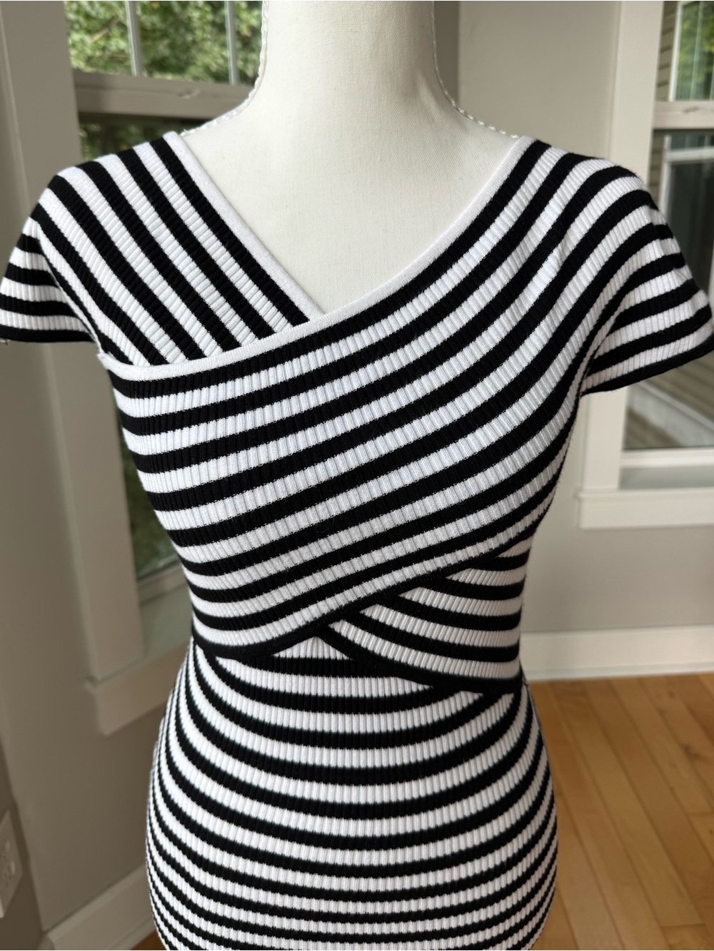 Gabrielle Union Black White Striped Rib Knit Wrap Detail Bodycon Midi Dress Sz S